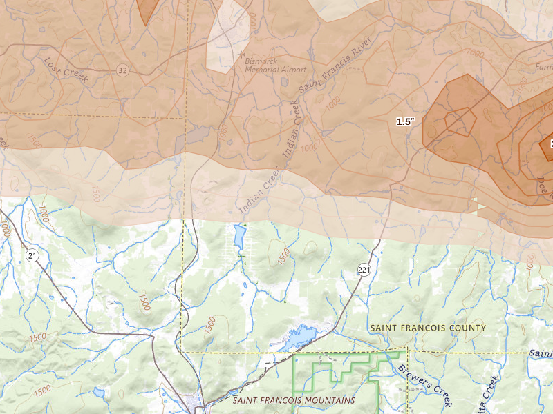 Radar-estimated hail-size map of the storm over Ironton, MO on Apr 26, 2026