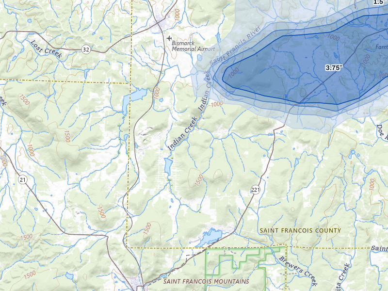 NEXRAD radar-signature map of the hail over Ironton, MO