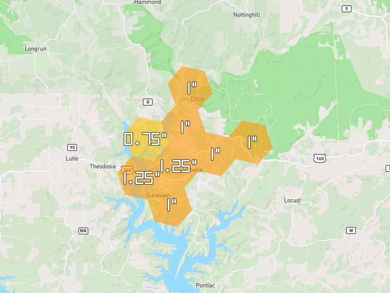 Hail map of Isabella, MO on Jul 6, 2026, hail up to 1.25"