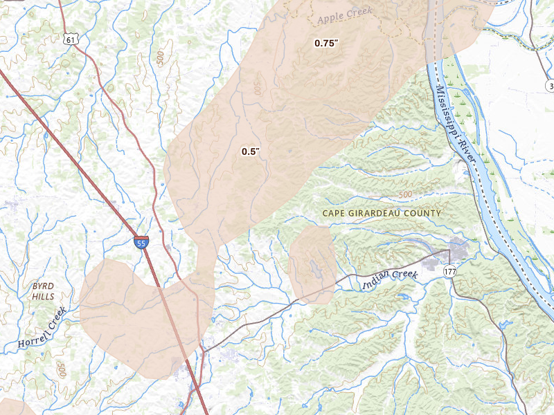 Radar-estimated hail-size map of the storm over Jackson, MO on Apr 27, 2026