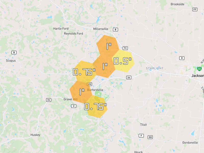 Hail map of Jackson, MO on Jul 10, 2026, hail up to 1"
