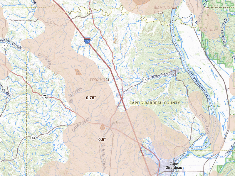 Radar-estimated hail-size map of the storm over Jackson, MO on Aug 12, 2026