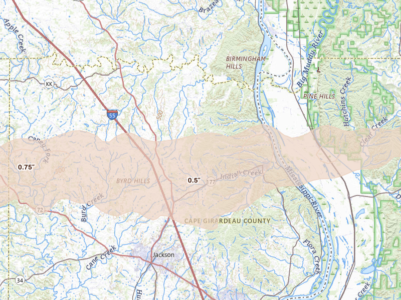 Radar-estimated hail-size map of the storm over Jackson, MO on Aug 19, 2026