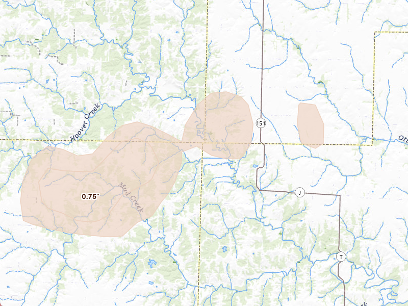Radar-estimated hail-size map of the storm over Jacksonville, MO on Apr 13, 2026
