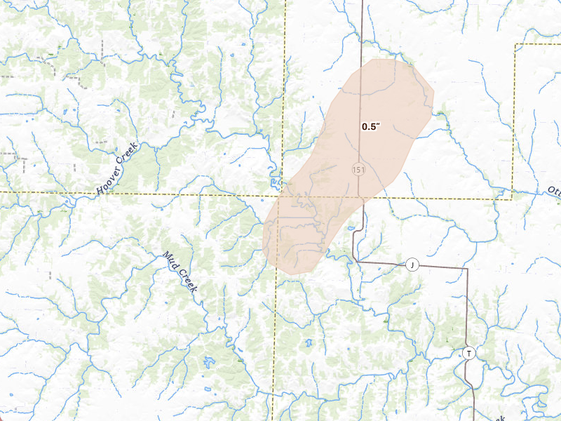 Radar-estimated hail-size map of the storm over Jacksonville, MO on Apr 17, 2026