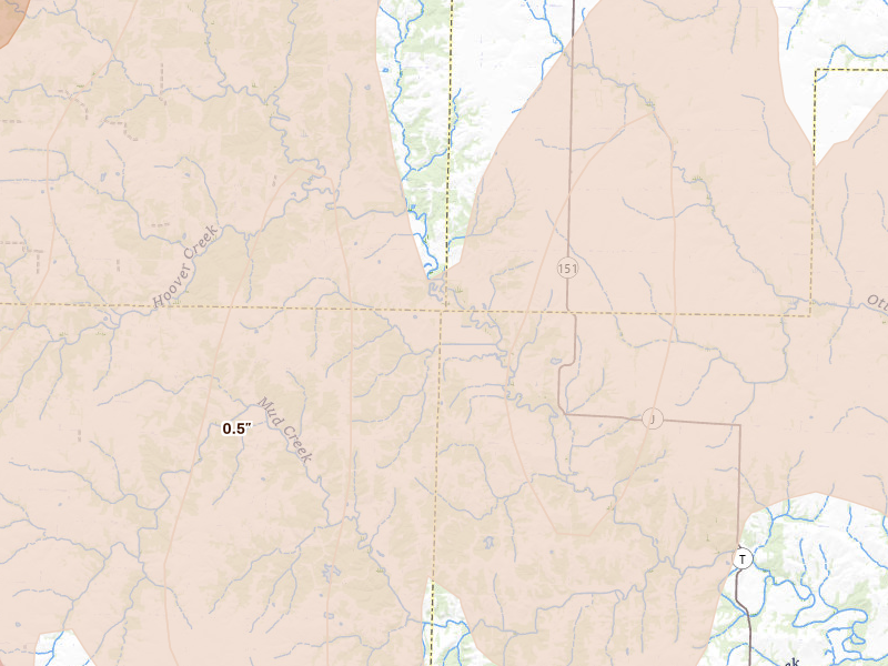 Radar-estimated hail-size map of the storm over Jacksonville, MO on Apr 27, 2026