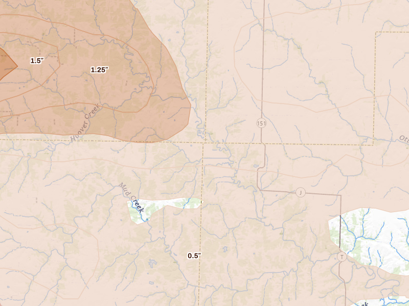 Radar-estimated hail-size map of the storm over Jacksonville, MO on May 4, 2026