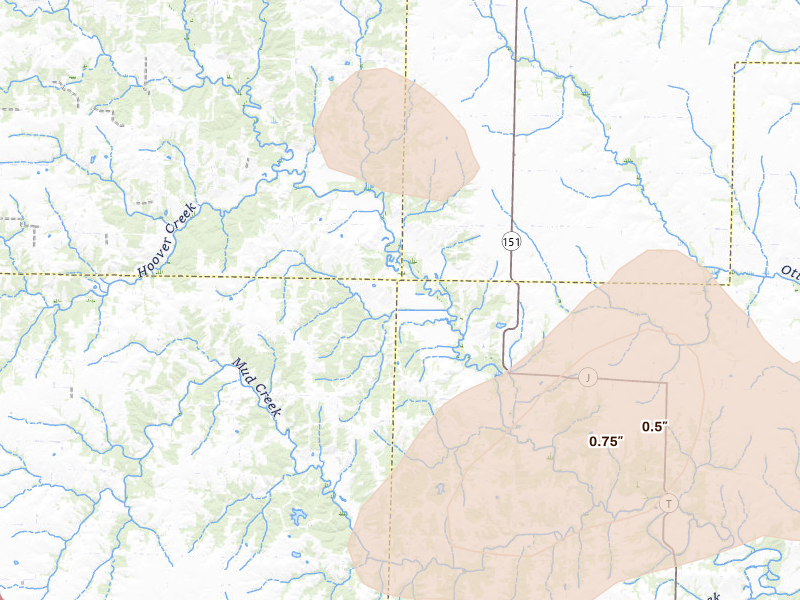 Radar-estimated hail-size map of the storm over Jacksonville, MO on May 31, 2026