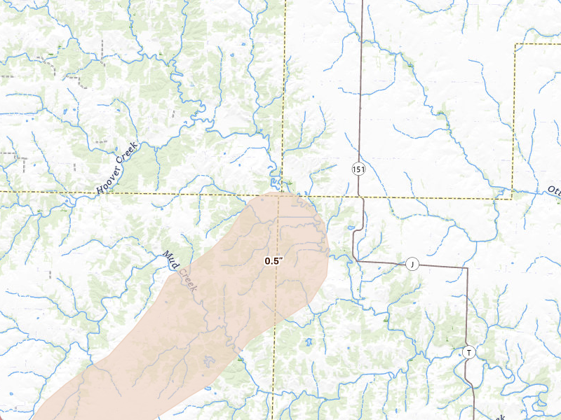 Radar-estimated hail-size map of the storm over Jacksonville, MO on Jun 10, 2026