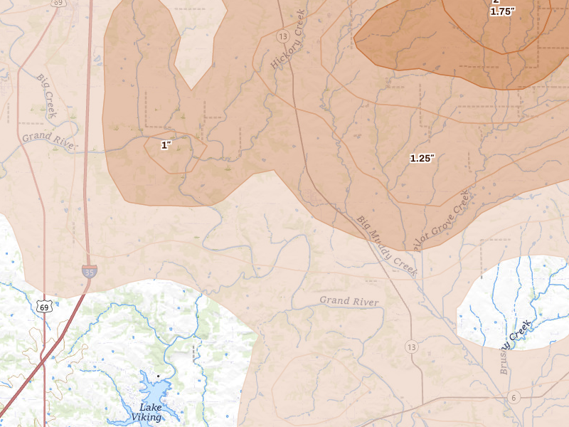 Radar-estimated hail-size map of the storm over Jameson, MO on May 16, 2026
