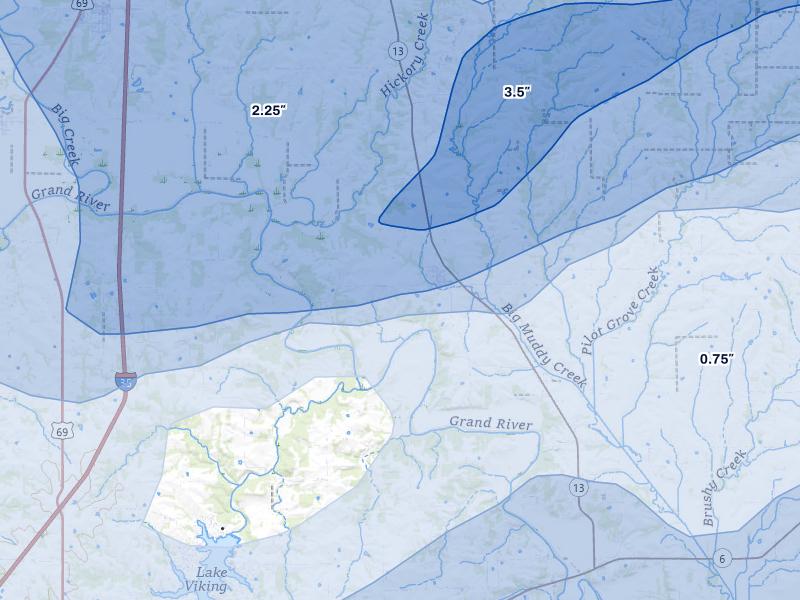 NEXRAD radar-signature map of the hail storm over Jameson, MO on May 16, 2026