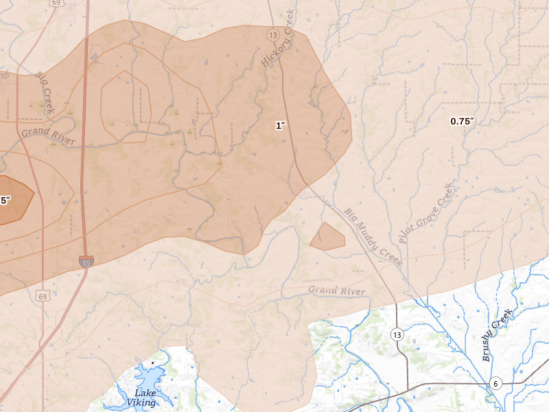 Radar-estimated hail-size map of the storm over Jameson, MO on Jun 10, 2026