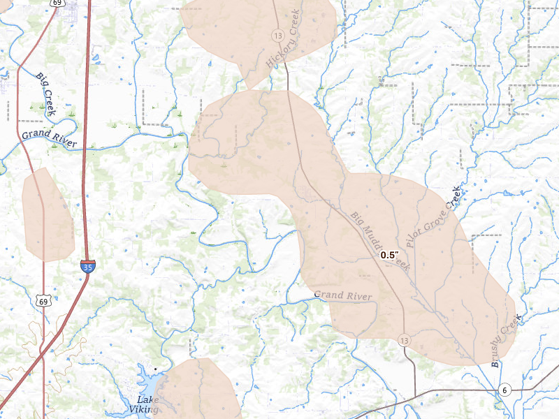 Radar-estimated hail-size map of the storm over Jameson, MO on Jul 20, 2026