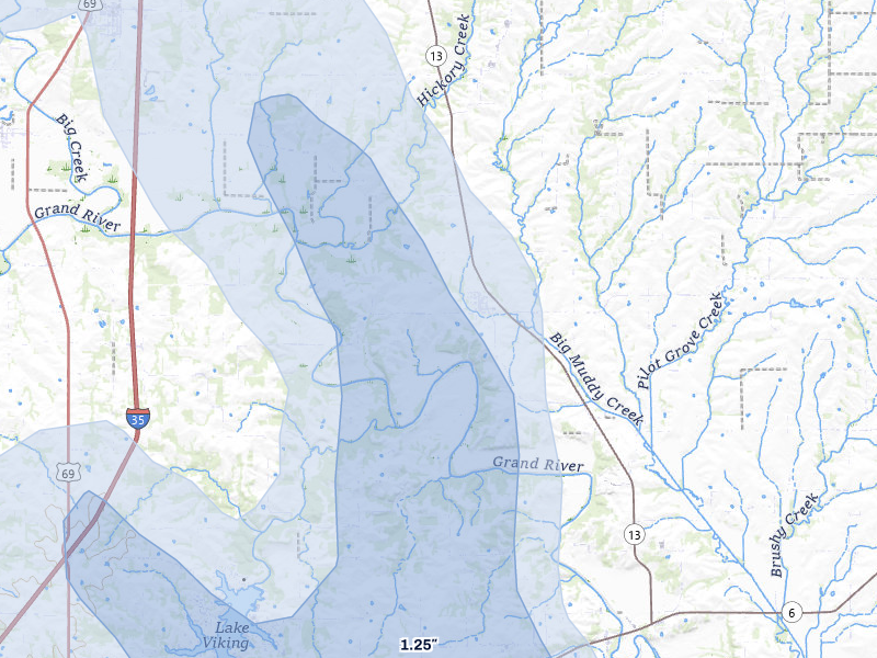 NEXRAD radar-signature map of the hail storm over Jameson, MO on Jul 20, 2026