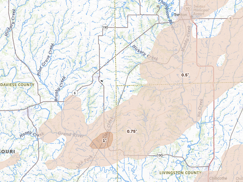 Radar-estimated hail-size map of the storm over Jamesport, MO on Apr 17, 2026