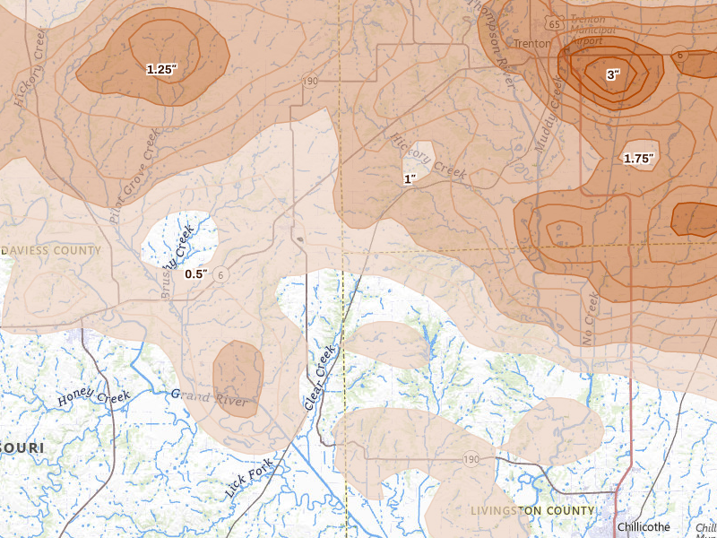 Radar-estimated hail-size map of the storm over Jamesport, MO on May 16, 2026