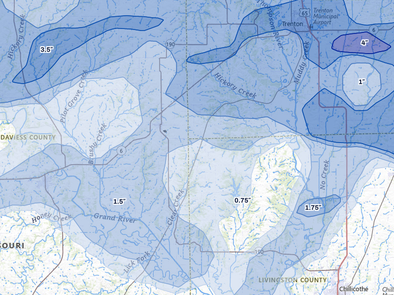 NEXRAD radar-signature map of the hail storm over Jamesport, MO on May 16, 2026