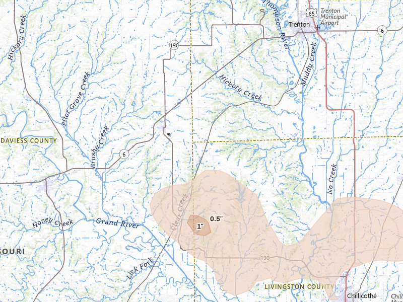 Radar-estimated hail-size map of the storm over Jamesport, MO on May 31, 2026