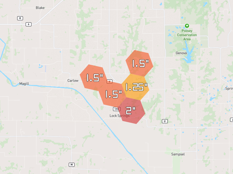 Hail map of Jamesport, MO on Jun 1, 2026, hail up to 2"