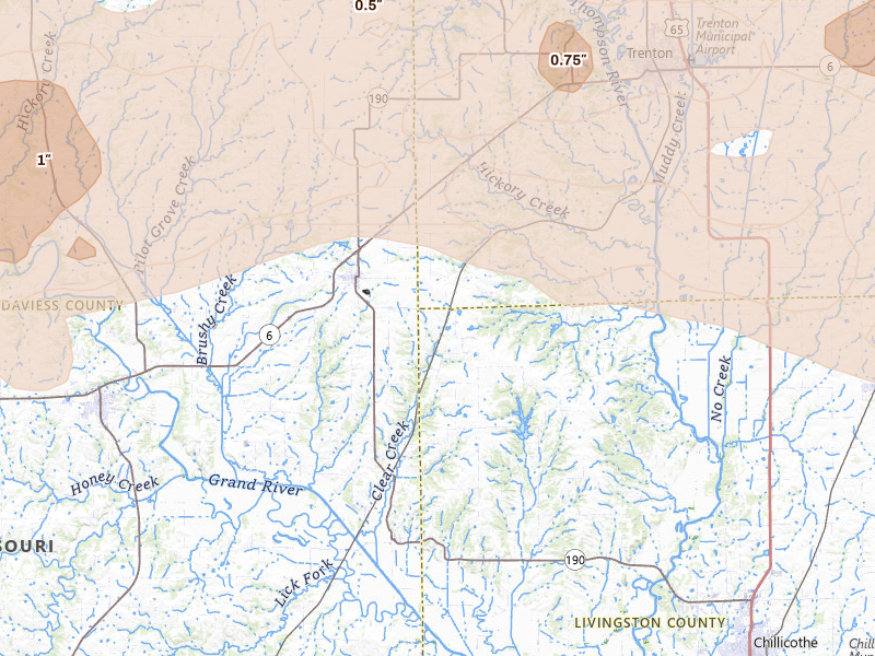 Radar-estimated hail-size map of the storm over Jamesport, MO on Jun 10, 2026