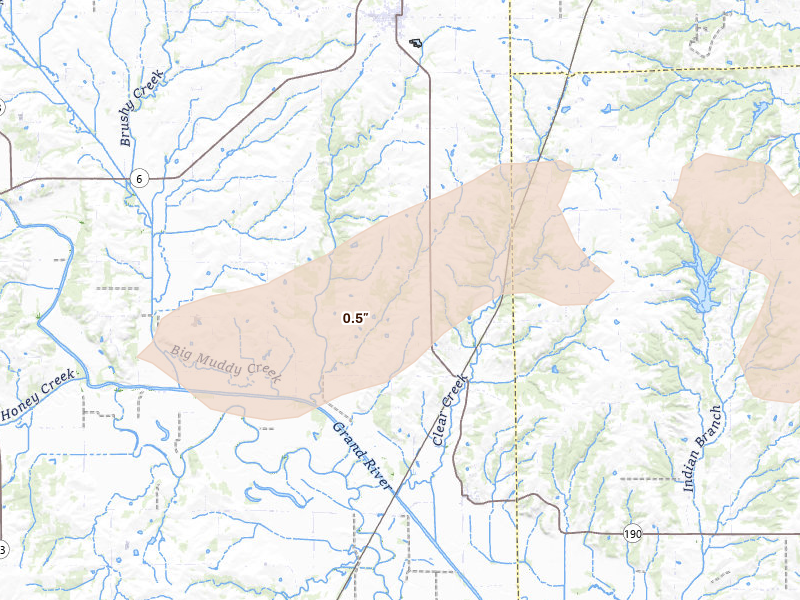 Radar-estimated hail-size map of the storm over Jamesport, MO on Aug 14, 2026