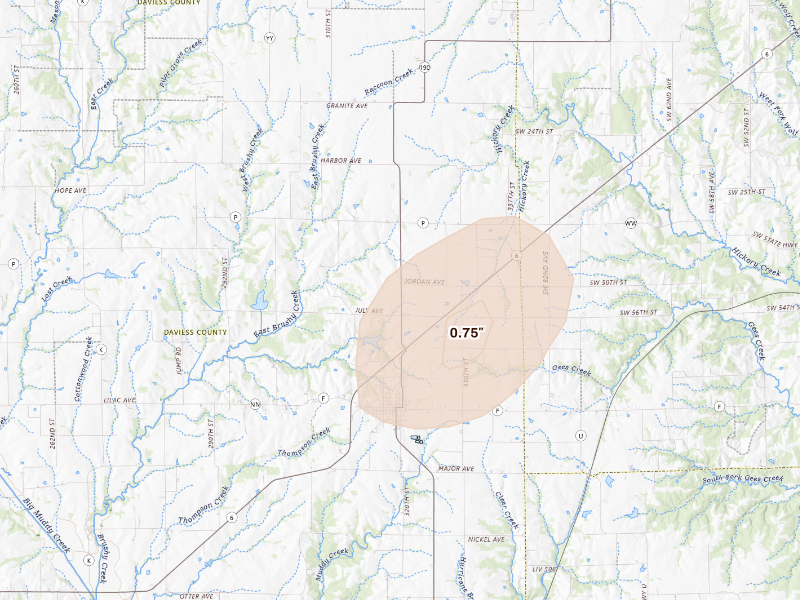 Radar-estimated hail-size map of the storm over Jamesport, MO