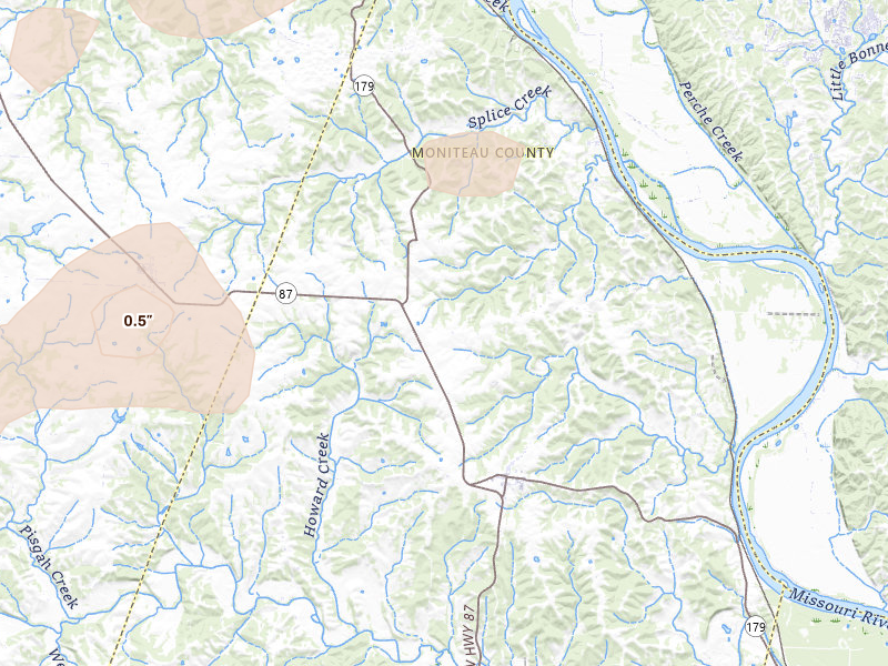 Radar-estimated hail-size map of the storm over Jamestown, MO on Apr 27, 2026
