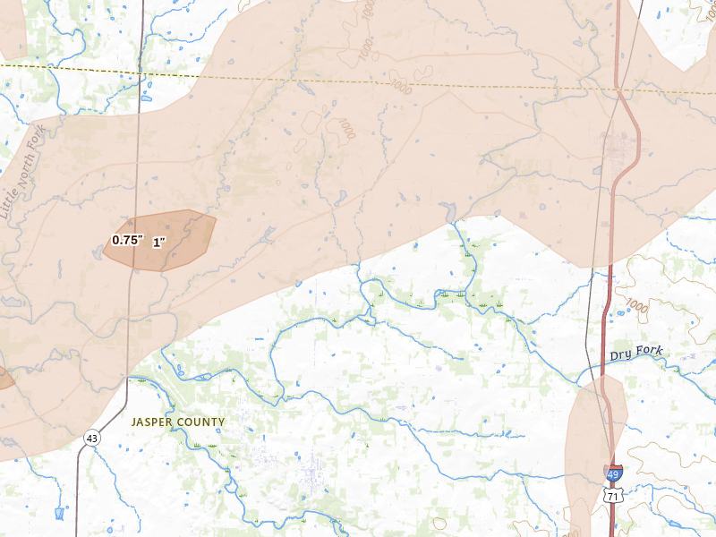 Radar-estimated hail-size map of the storm over Jasper, MO on Apr 15, 2026