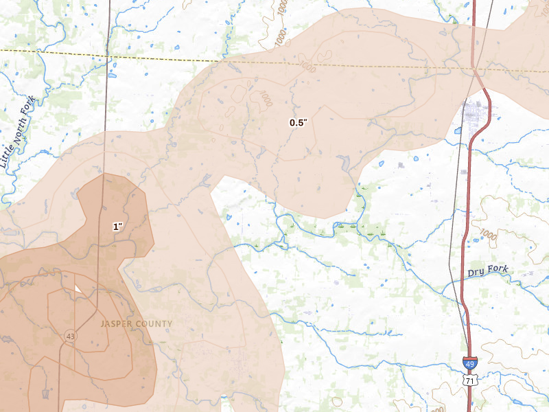 Radar-estimated hail-size map of the storm over Jasper, MO on Apr 26, 2026