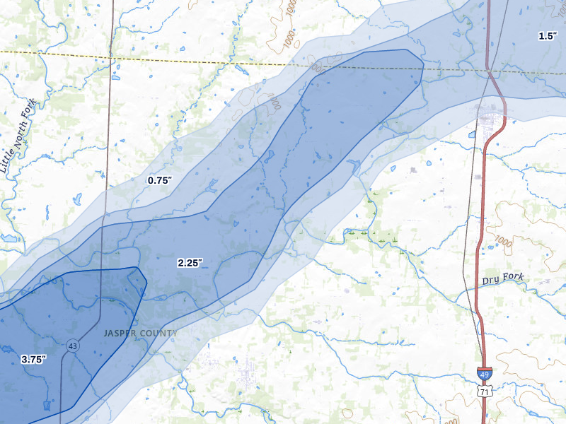 NEXRAD radar-signature map of the hail storm over Jasper, MO on Apr 26, 2026