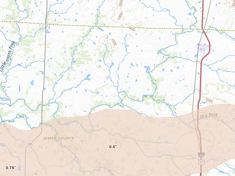 Radar-estimated hail-size map of the storm over Jasper, MO on Apr 28, 2026