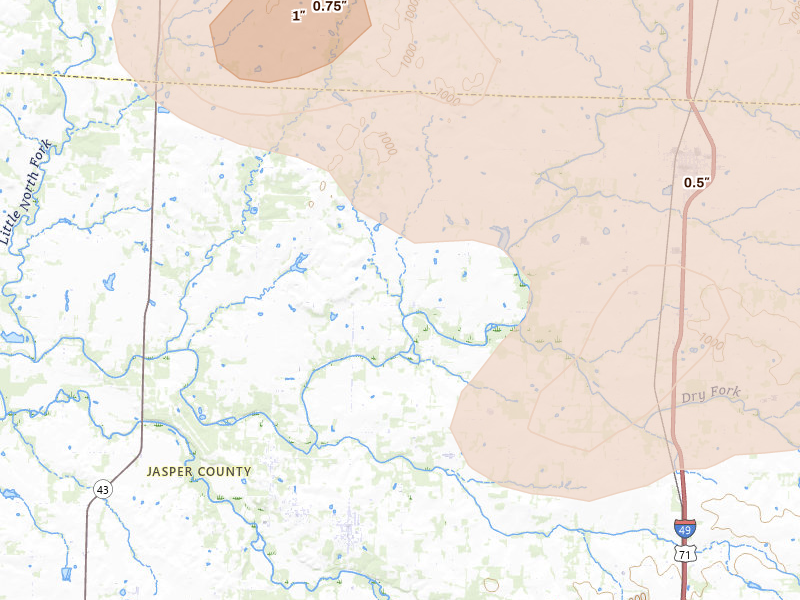 Radar-estimated hail-size map of the storm over Jasper, MO on May 30, 2026