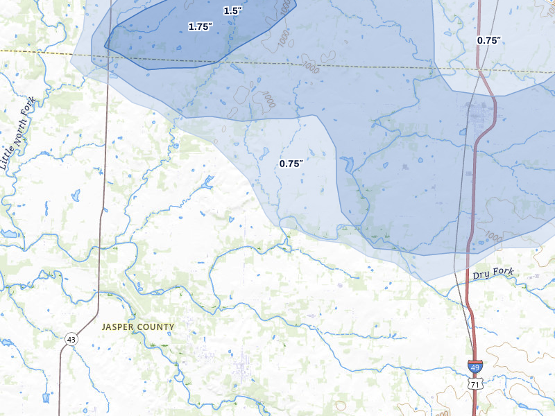 NEXRAD radar-signature map of the hail storm over Jasper, MO on May 30, 2026