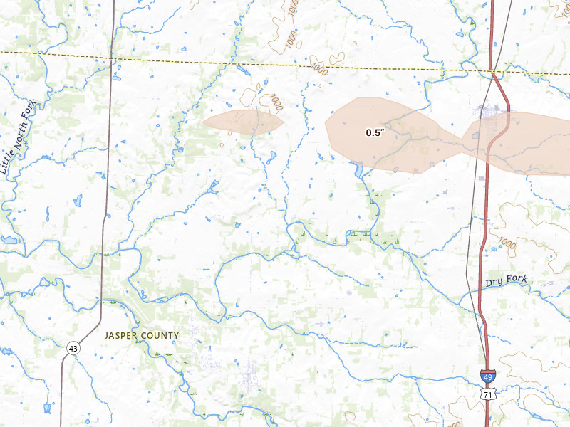 Radar-estimated hail-size map of the storm over Jasper, MO on Jun 11, 2026