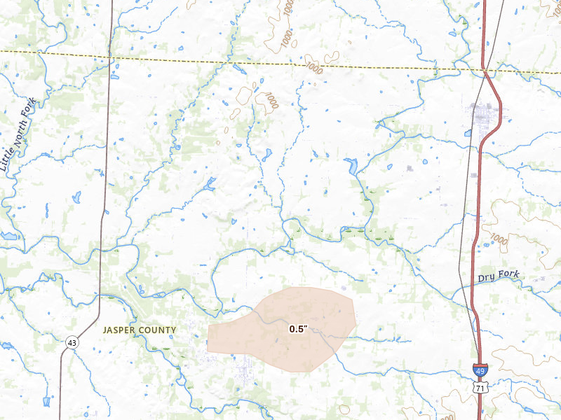 Radar-estimated hail-size map of the storm over Jasper, MO on Jun 25, 2026
