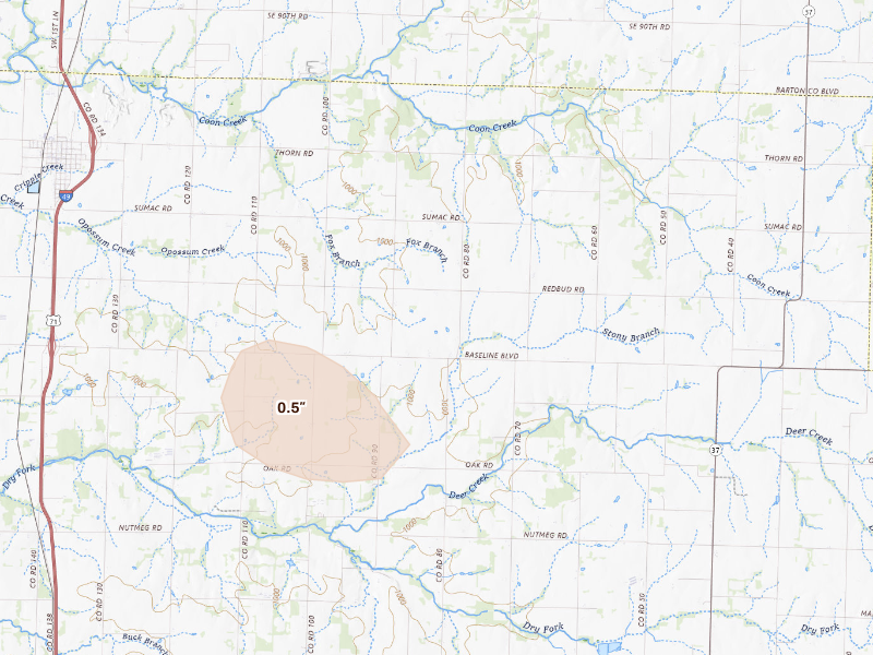 Radar-estimated hail-size map of the storm over Jasper, MO