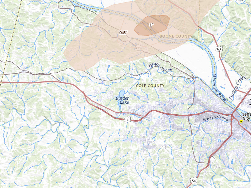 Radar-estimated hail-size map of the storm over Jefferson City, MO on Apr 27, 2026
