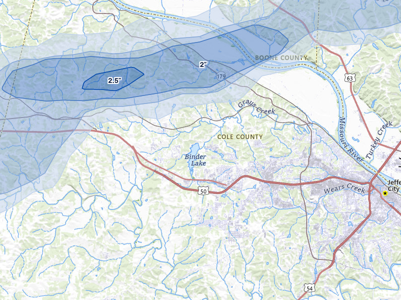 NEXRAD radar-signature map of the hail over Jefferson City, MO