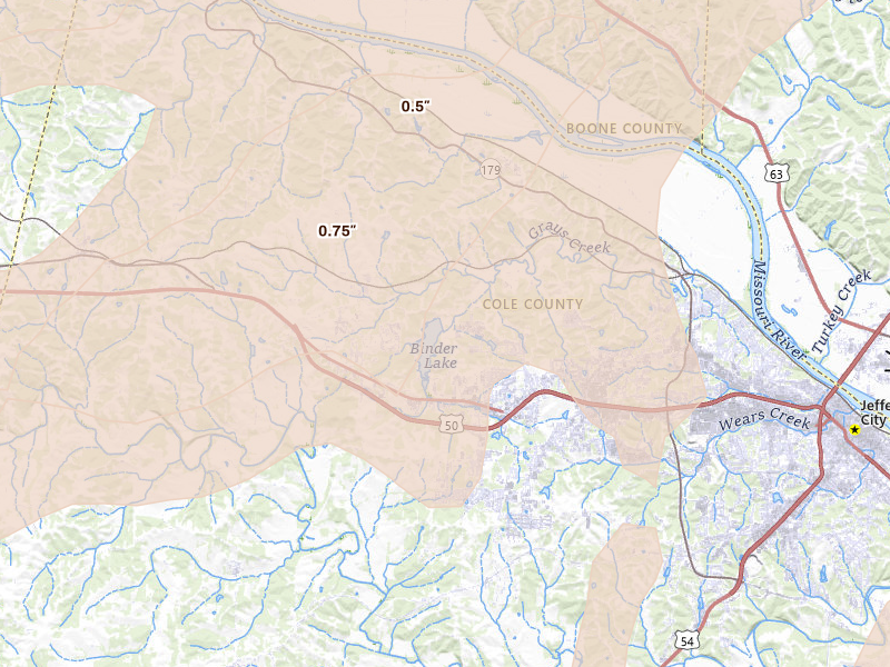 Radar-estimated hail-size map of the storm over Jefferson City, MO on May 31, 2026