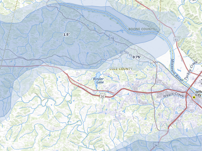 NEXRAD radar-signature map of the hail over Jefferson City, MO