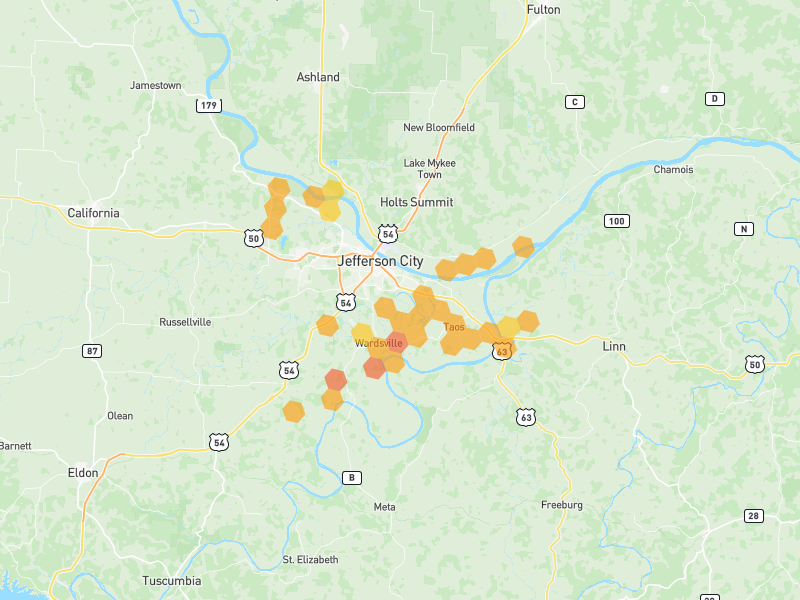 Hail map of Jefferson City, MO on Jun 1, 2026, hail up to 1.5"