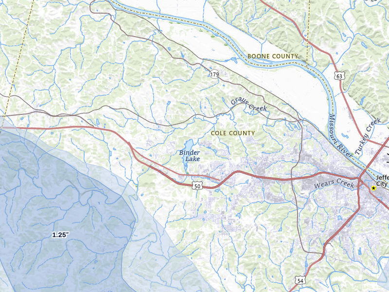 NEXRAD radar-signature map of the hail over Jefferson City, MO