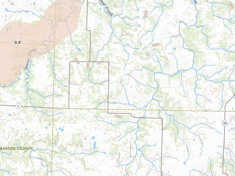 Radar-estimated hail-size map of the storm over Jerico Springs, MO on Apr 1, 2026
