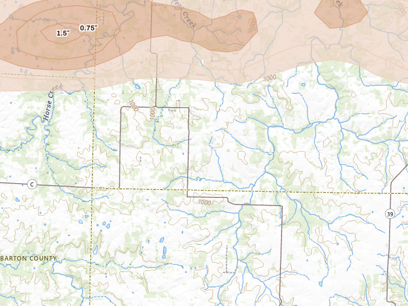 Radar-estimated hail-size map of the storm over Jerico Springs, MO on Apr 28, 2026