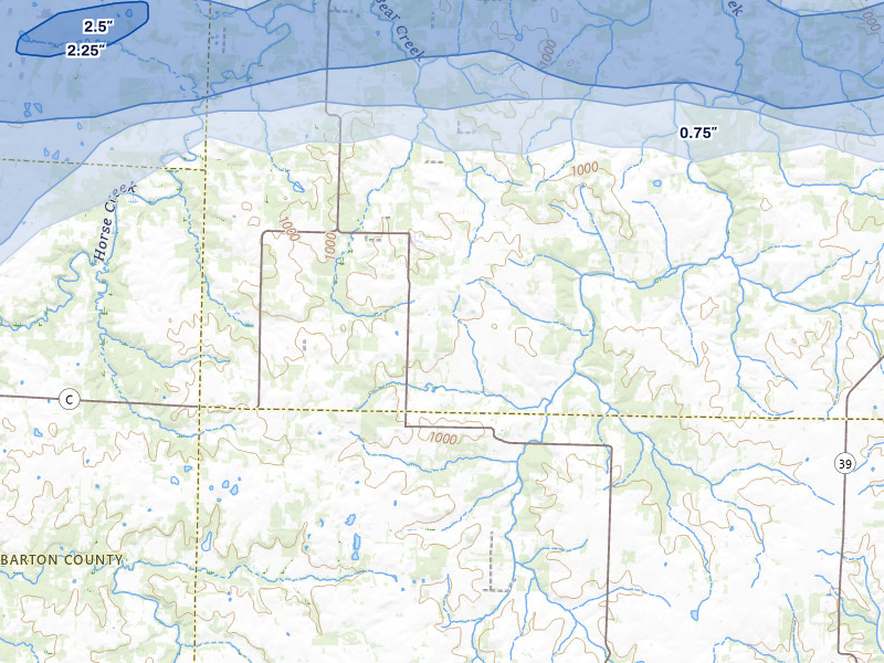 NEXRAD radar-signature map of the hail storm over Jerico Springs, MO on Apr 28, 2026