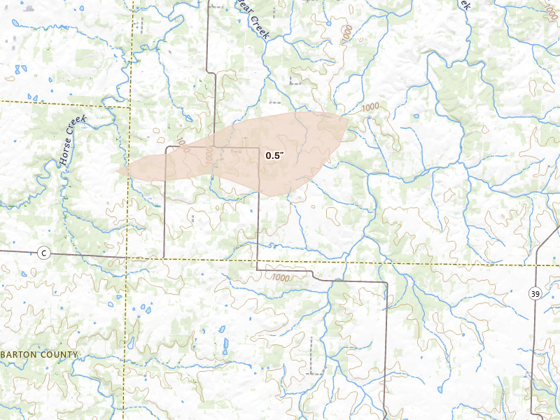Radar-estimated hail-size map of the storm over Jerico Springs, MO on Jun 25, 2026