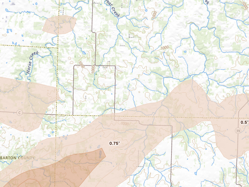 Radar-estimated hail-size map of the storm over Jerico Springs, MO on Jul 10, 2026