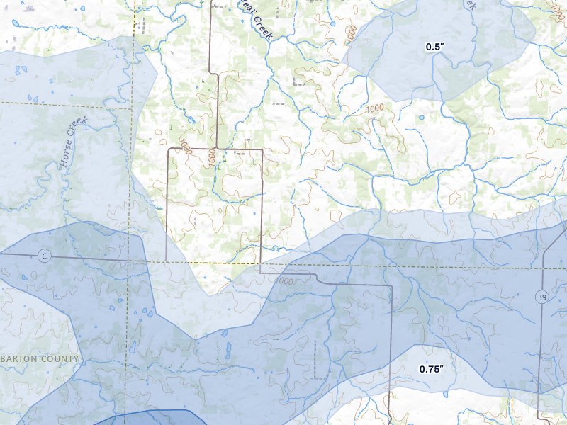 NEXRAD radar-signature map of the hail storm over Jerico Springs, MO on Jul 10, 2026