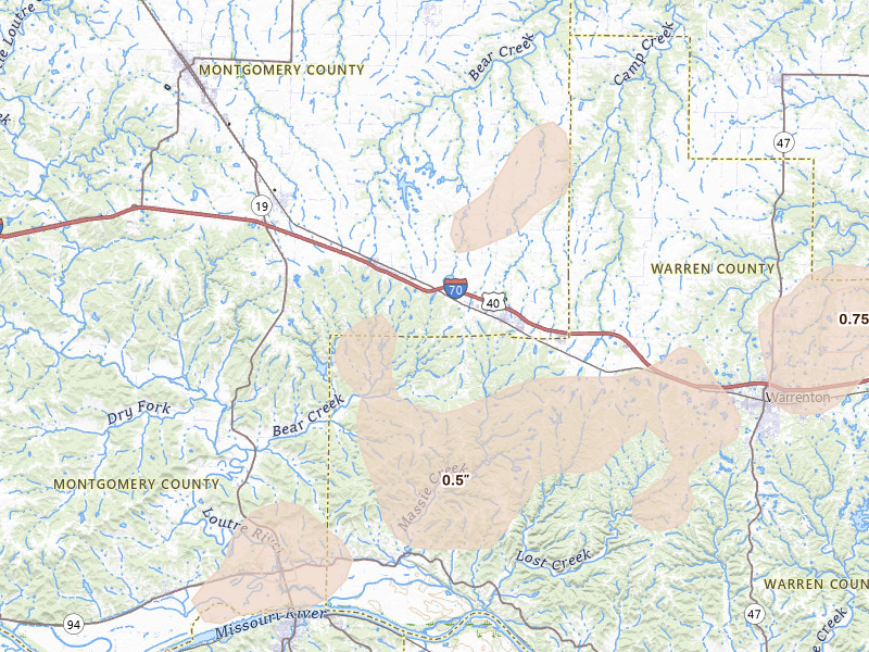 Radar-estimated hail-size map of the storm over Jonesburg, MO on Apr 27, 2026
