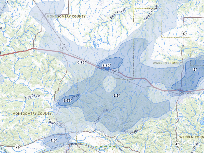 NEXRAD radar-signature map of the hail over Jonesburg, MO